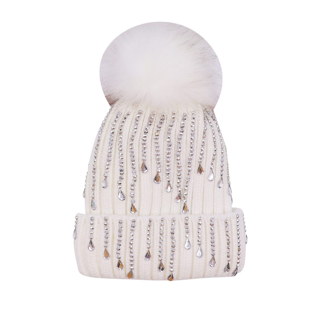 7284 Winter Beanies Glitter Sequins Colorful Knit Faux Fur Pompoms Beanie